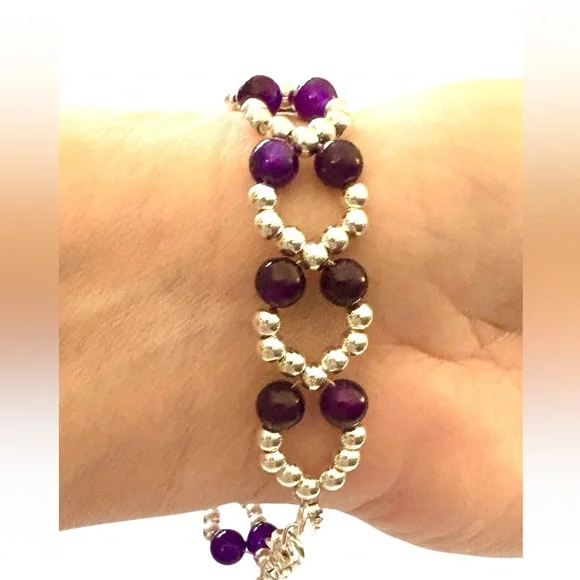 Purple Carnelian Chalcedony and Silver Seed Bead Bracelet with Adjuster - Picture 7 of 10
